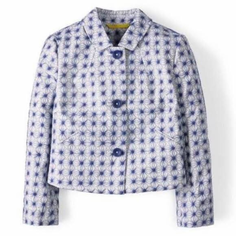 Boden Tamara Blue White Cropped Blazer Jacket Size 10 Embroidered